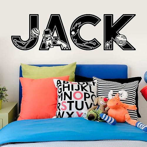 Miniatura 2 de Calcomanía de vinilo con nombre personalizado para niños y niñas, diseño de planeta, estrellas y cohetes, decoración de dormitorio y habitación de