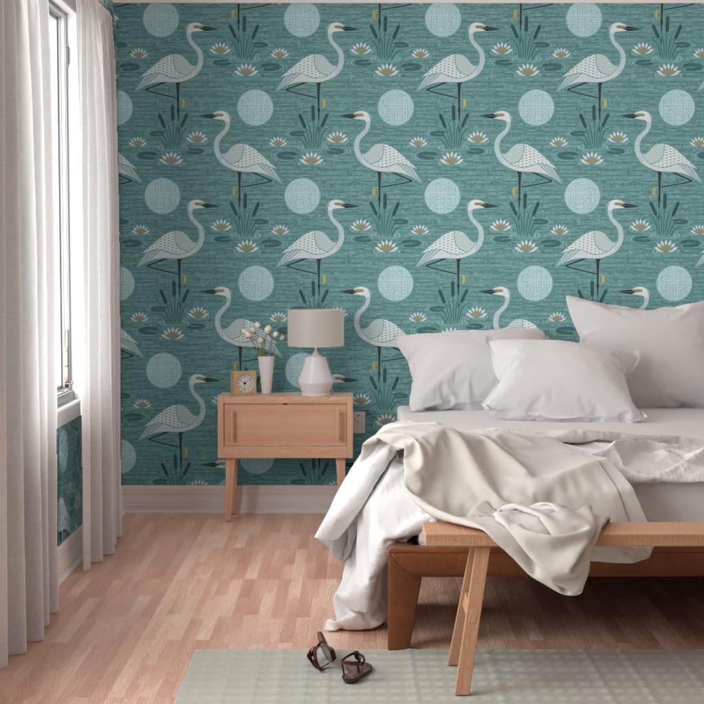 Peel & Stick Wallpaper 3ft x 2ft - Water Lily White Egret Teal Aqua Neutral Calm Serene Minimal Weathered Custom Removable Wallpaper by Spoonflower