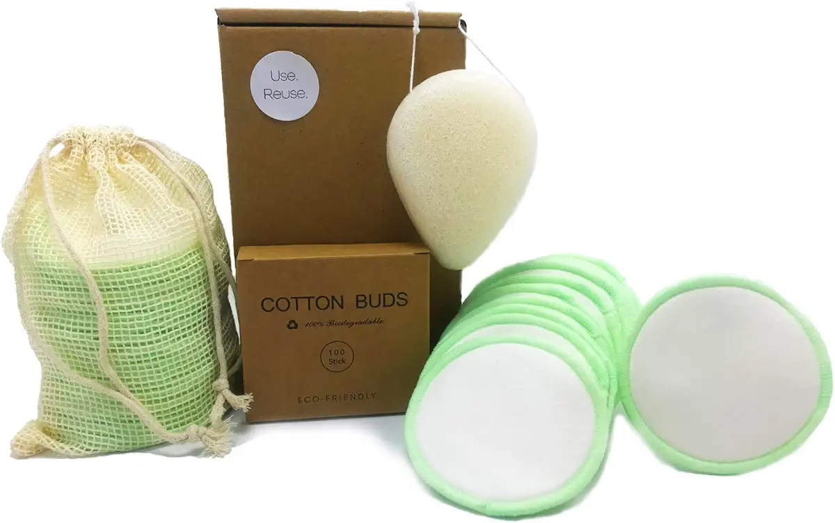 BEECO GIF2U Reusable Makeup Remover Pads 16 Pack Washable Eco-Friendly Natural Bamboo Cotton Rounds for All Skin Types with Cotton Laundry Bags,Facial Konjac Sponge and Bamboo Q-Tips,Zero Waste Kit