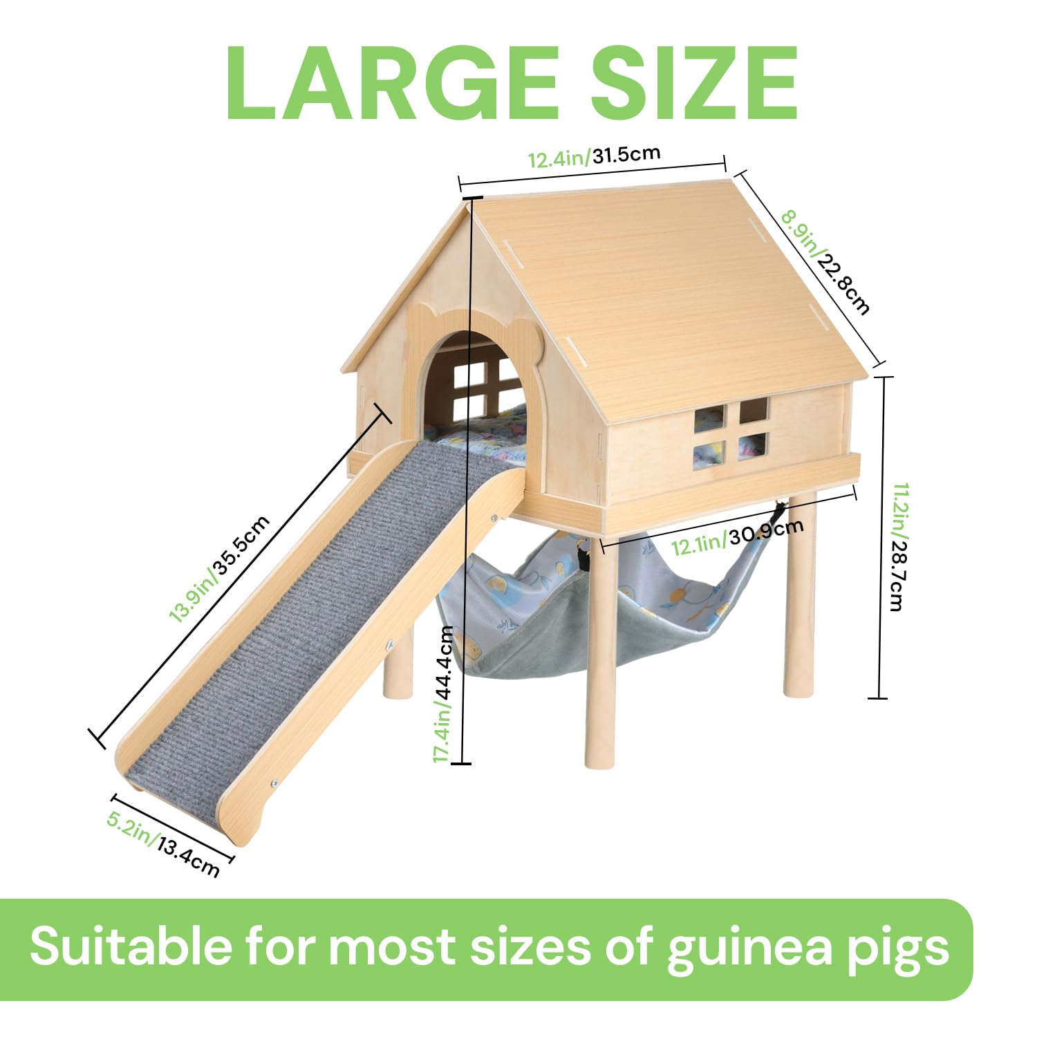 Meerschweinchenversteck - Meerschweinchen-Spielzeug aus Holz mit Treppe und Matte und Hängematte, abnehmbares Doppeldecker-Haus für Hamster, Chinchilla, Frettchen, Meerschweinchen, Zubehör