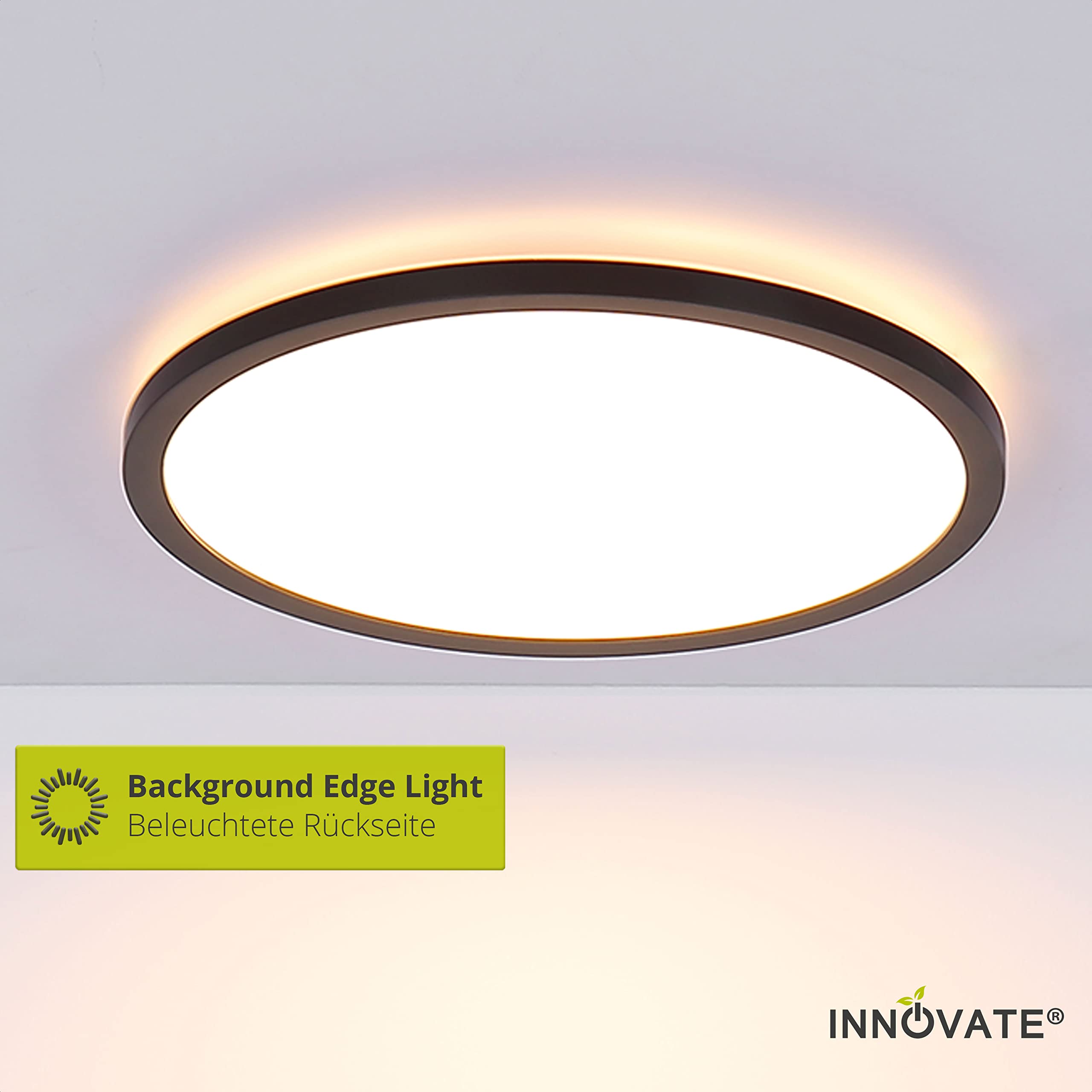 INNOVATE LED Deckenleuchte Dimmbar mit Hintergrundbeleuchtung | IP44 3-Dimmstufen Deckenlampe Flach | Panel für Badezimmer, Wohnzimmer, Schlafzimmer, Balkon, Küche | LED Lampe Schwarz, 24W Ø42cm