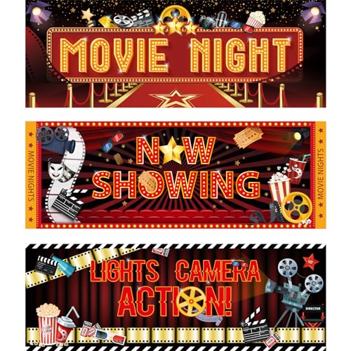 Pasimy 3 Pcs Movie Night Party Decorations Movie Theme Backdrop Movie Banner Theater Now Showing Lights Camera Action Sign Red Carpet Photography Background for Home Film Party Supplies 38''x 14''