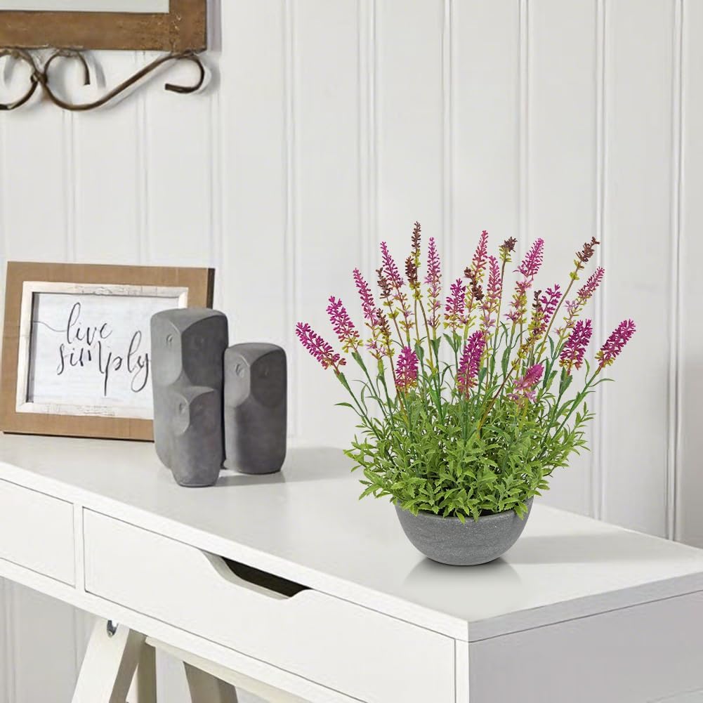 Artificial Lavender Flowers with Cement Pot - 12.9" Fake Lavender Flower Rustic Arrangement Purple-Red Artificial Potted Faux Plants for Indoor Farmhouse Table Wedding Centerpieces Office Home Decor