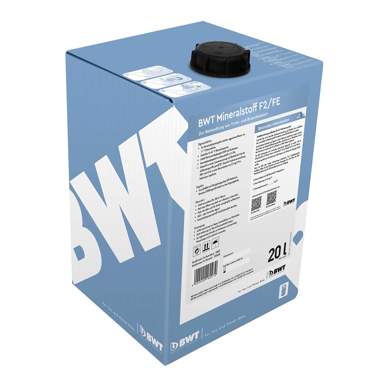 BWT F2/FE 20 l | Additif pour systèmes de filtration d’eau potable | Minéralisation pour distributeurs automatiques | Qualité professionnelle pour eau équilibrée et pure