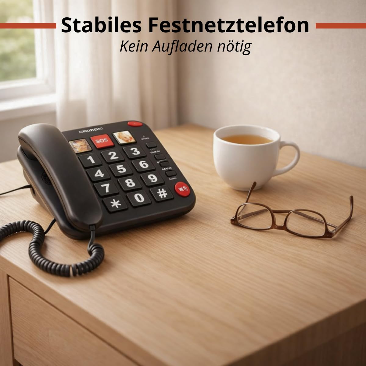 Grundig Telefon Senioren - Festnetztelefon Senioren mit großen Tasten - Seniorentelefon Festnetz mit Foto-Schnelltasten - Telefon Festnetz - Lautsprecher und SOS-Taste - Schwarz