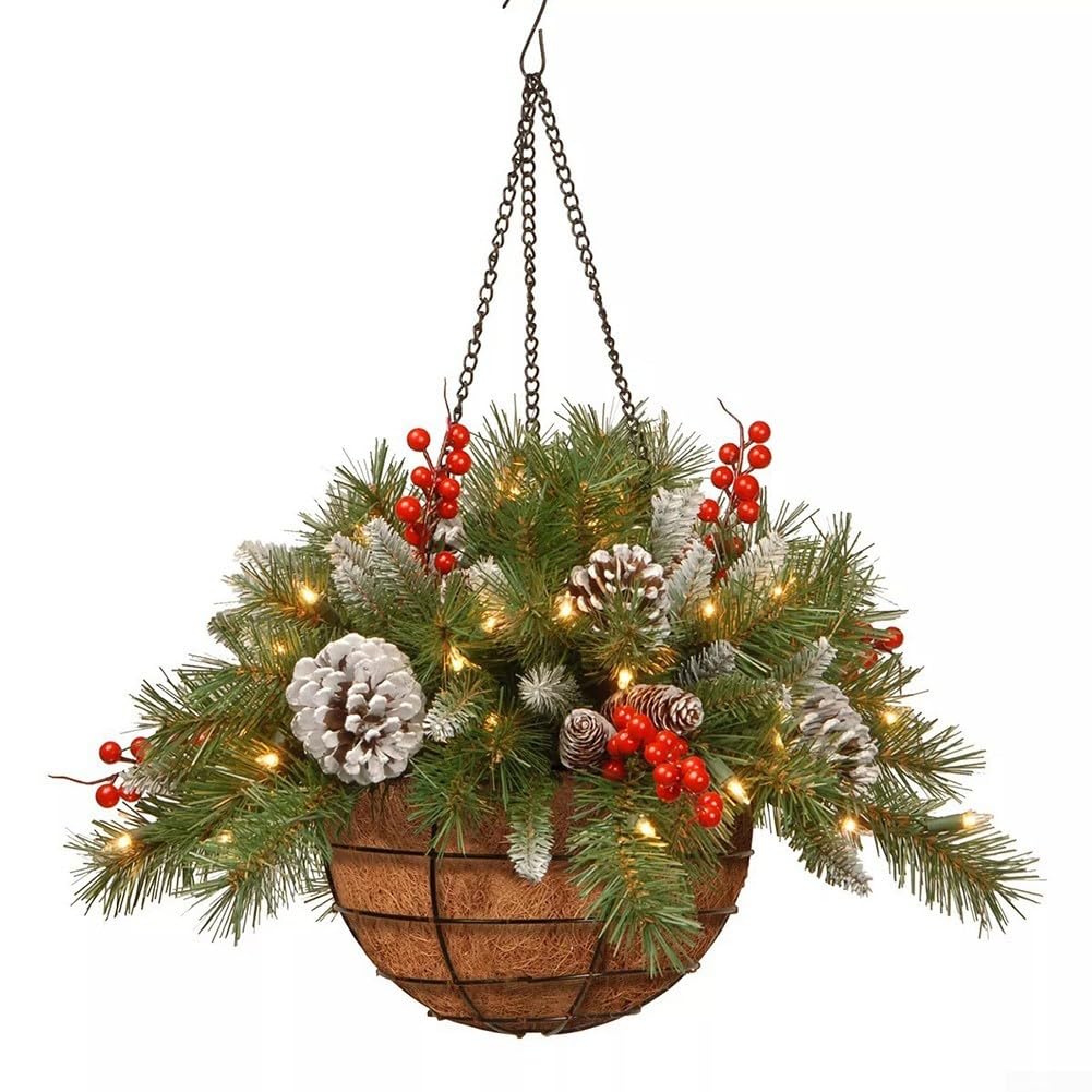 Christmas Decoration, Artificial Christmas Hanging Basket, With LED Warm Lights, Hanging Christmas Decorations For Porch Patio Lawn Garden