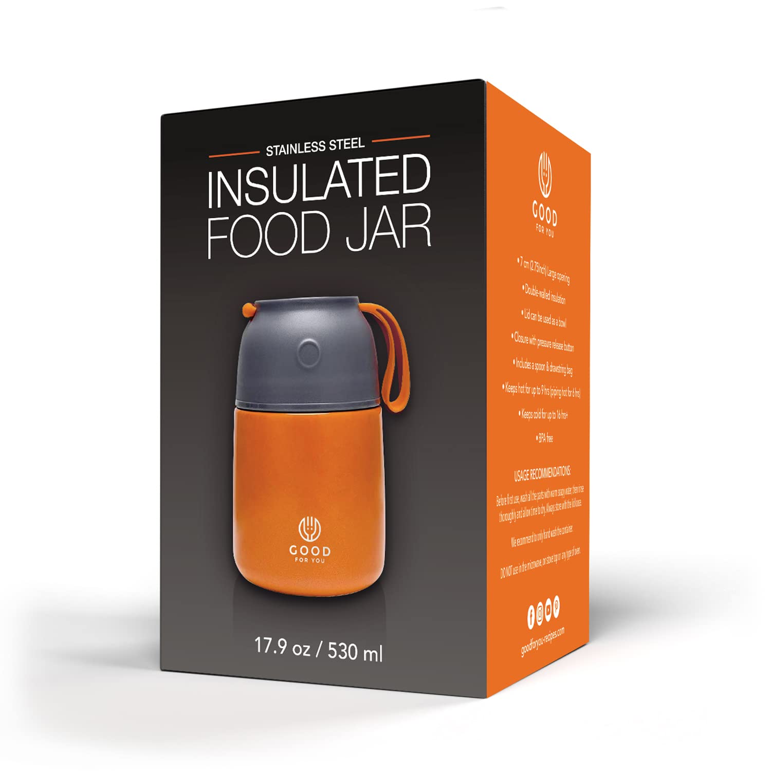 Thermos per alimenti, in acciaio inox, 530 ml, per pasti caldi e freddi, isolamento a doppia parete, contenitore termico per alimenti, per scuola, ufficio, viaggi, campeggio, cucchiaio pieghevole