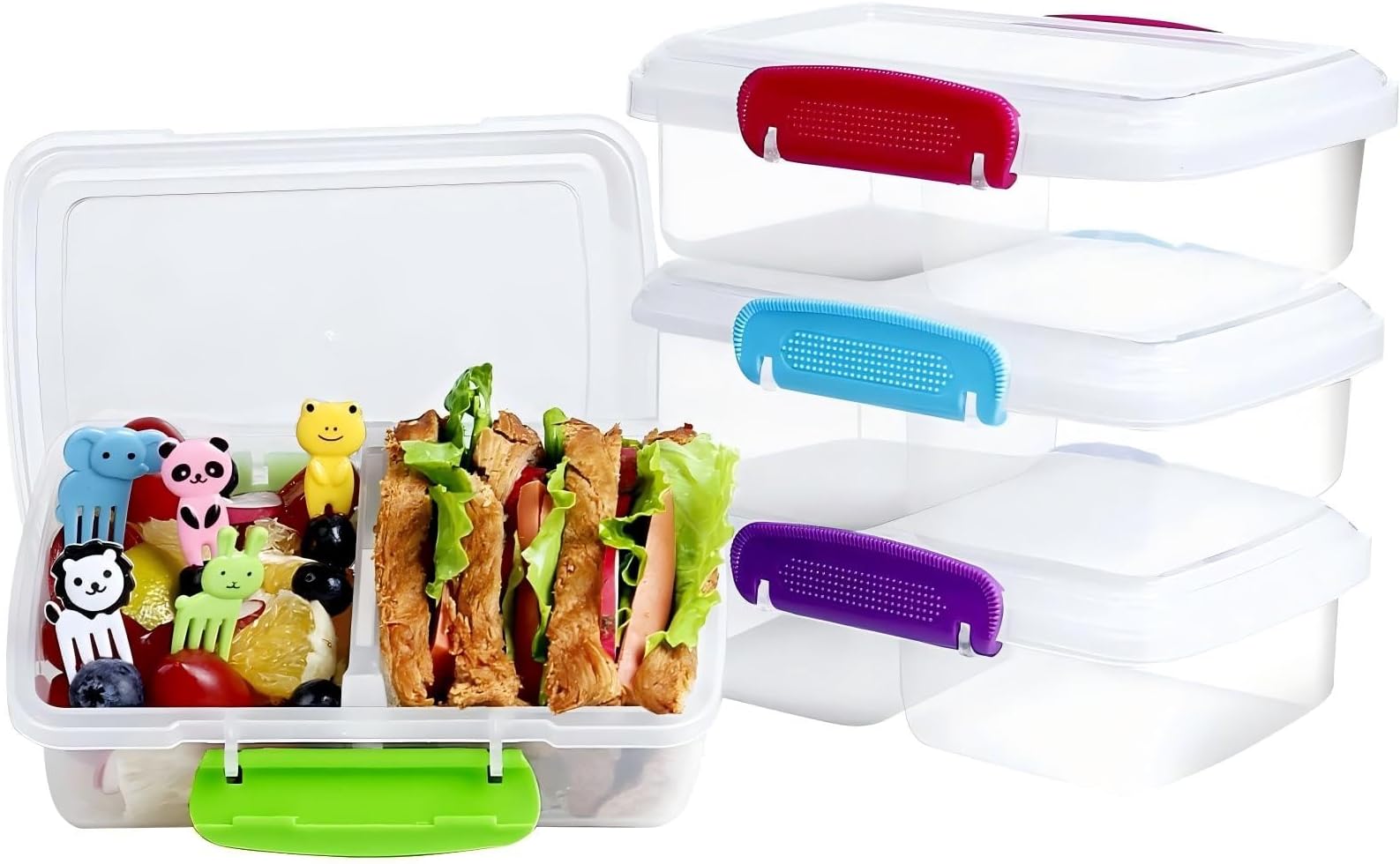 4 Pack Plastic Snack Containers with Lids, Reusable 2 Compartment Small Food Container Stackable Snack Bins for Bento Lunch Containers Divided Collection Food Storage L, 4 Colors