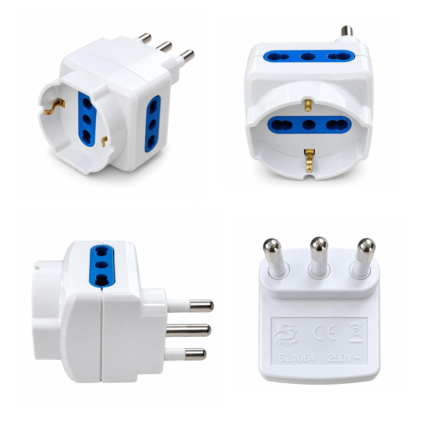 10 adaptadores triple 16 A con enchufe italiano descentrado, 3 tomas