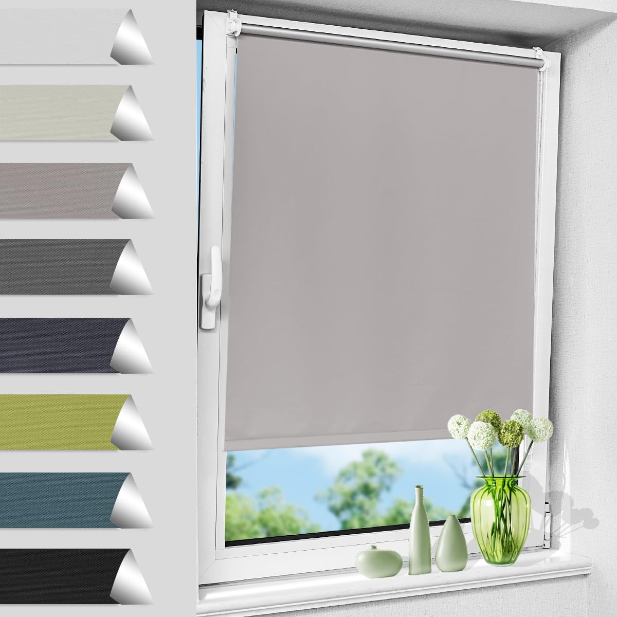 Allesin Verdunklungsrollo ohne Bohren, Grau B55 x H210 cm (Stoffbreite 55cm) Thermorollo Klemmfix, Fensterrollo Klemmrollo easyfix Sichtschutz und Sonnenchutz, Seitenzugrollo für Fenster & Tür