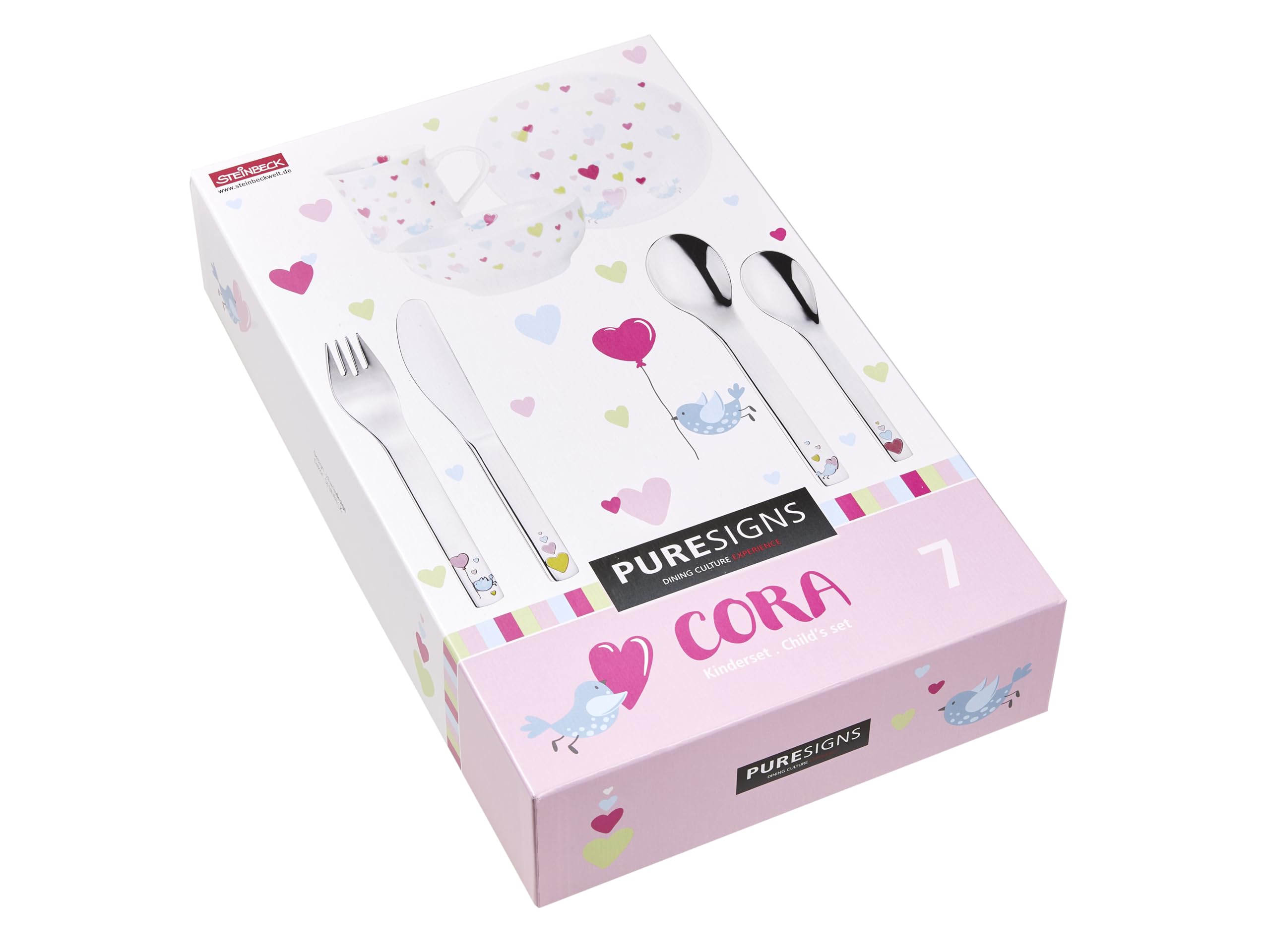 PURESIGNS Kinderset 7-teilig CORA Porzellan & Edelstahl 18/10 | Geschirr + Besteck, BPA-frei & spülmaschinenfest