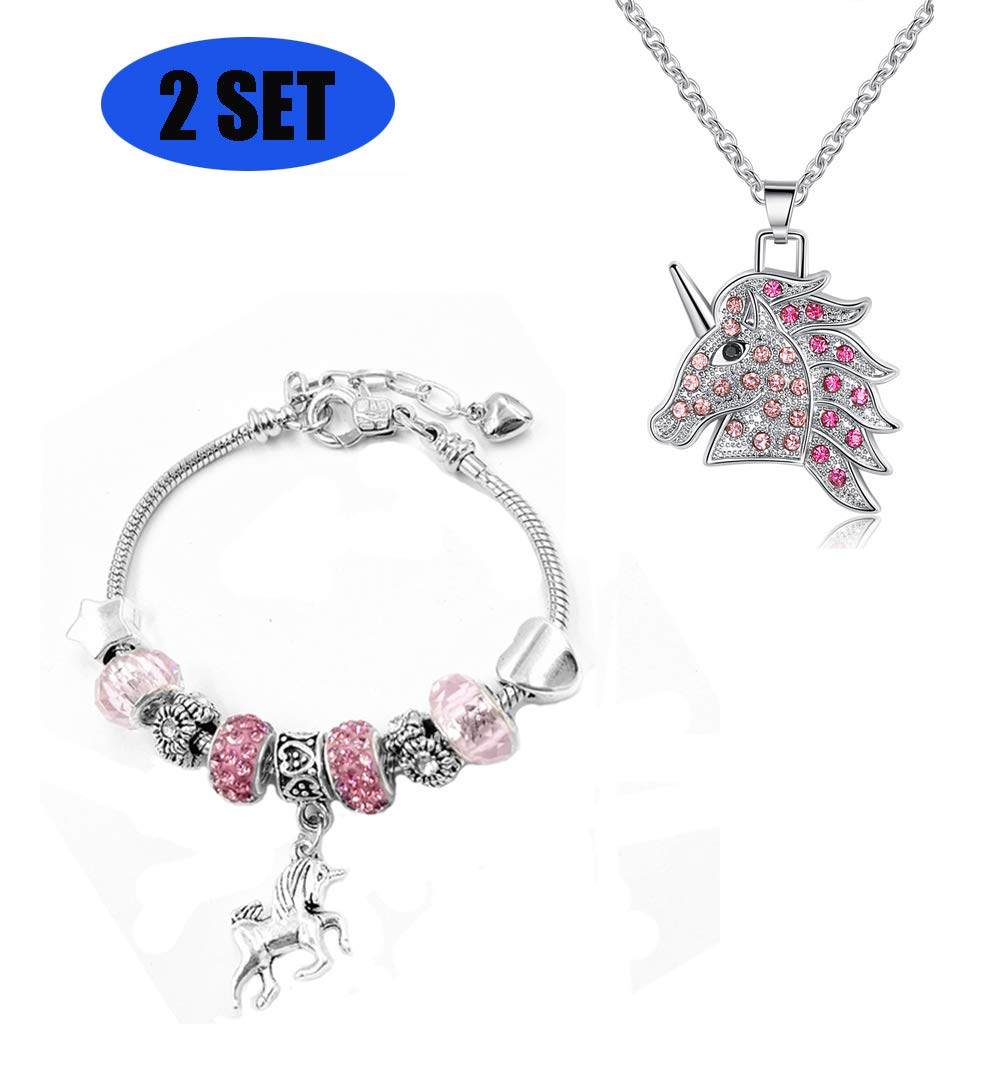 Pink Unicorn Crystal Zircon Necklace and Charm Bracelet Bangle Set for Women Girls Jewlery Birthday Gift