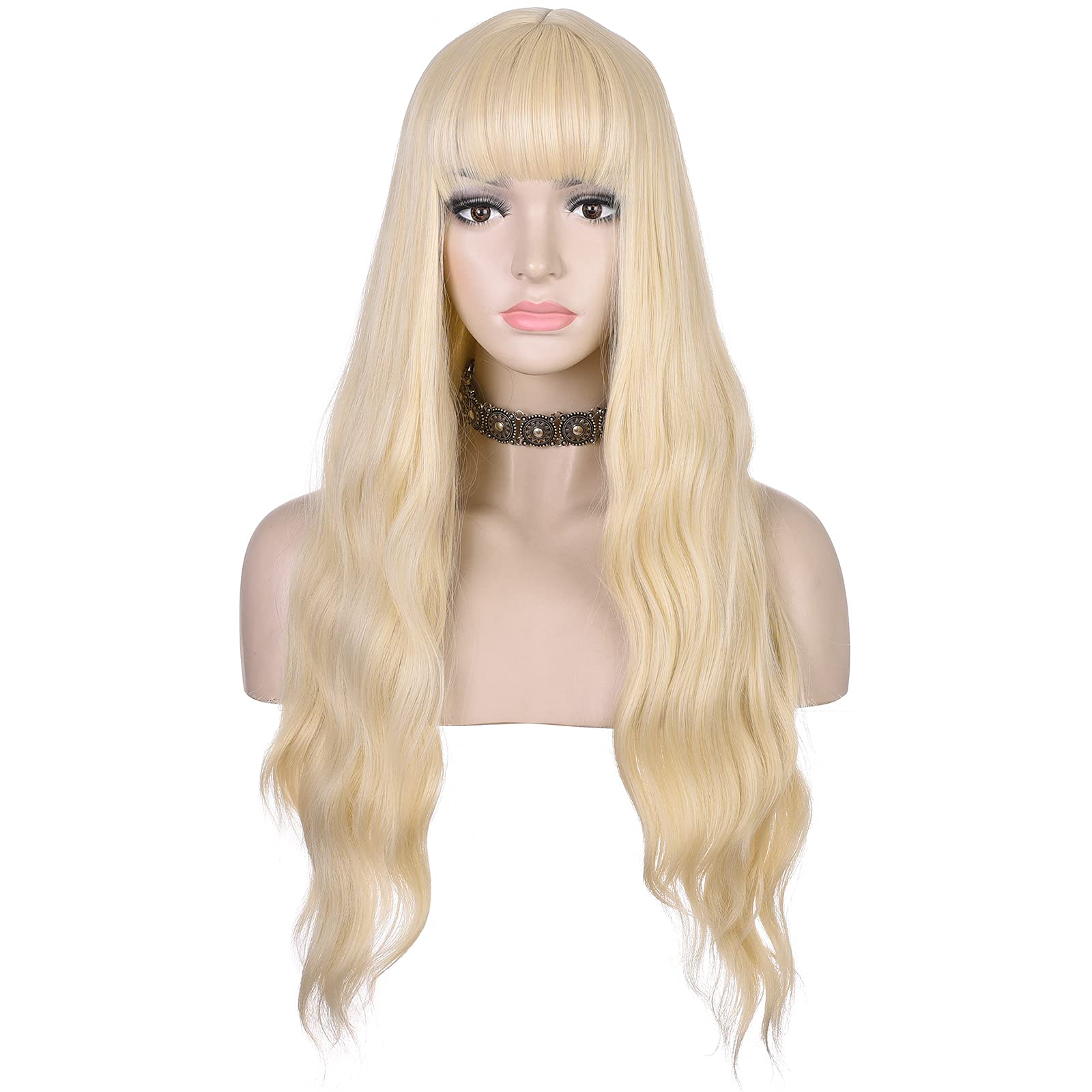 AMZCOS Long Wavy Wig with Bangs for Women Heat Resistant Synthetic Hair Wigs for Daily Use (Blonde)