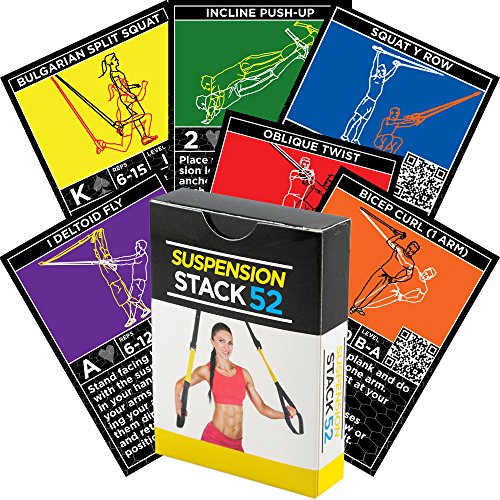 Stack 52 Suspension Exercise Cards. Compatible with TRX and other Trainer Straps. Suspended Bodyweight Resistance Workout Game. Video Instructions Included. Fun at Home Fitness Training Program.