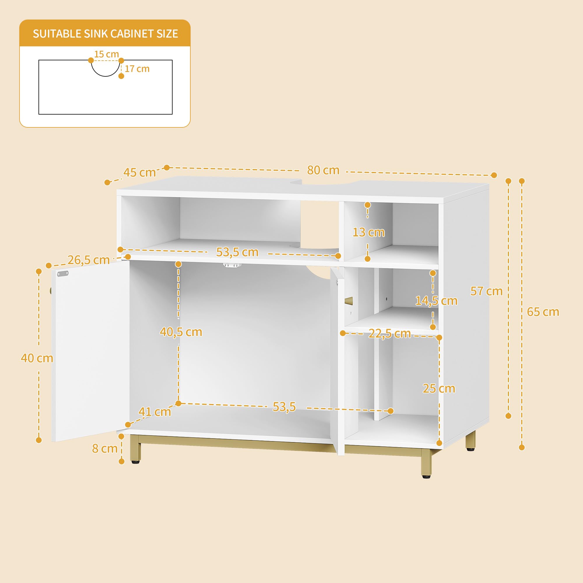 Hzuaneri Katzenschrank, Katzenklo Schrank mit Speicherfunktion, 80 x 45 x 65 cm, Waschbeckenunterschrank, Versteckt Katzentoilette, Verstellbare Ablage, Verstellbare Füße, Weiß und Gold CB89903G
