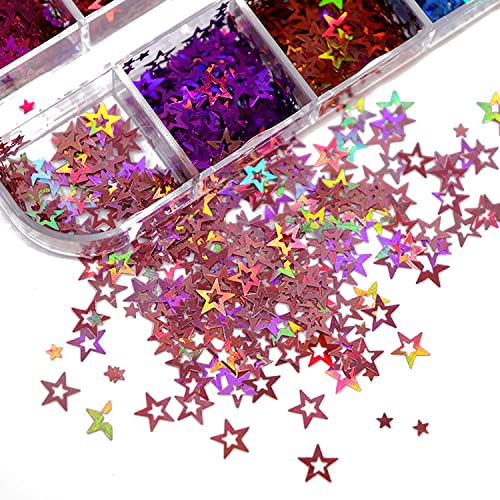 12 Colors Star Nail Art Glitter Sequins, 3D Five-Pointed Star Nail Flakes Designs, Holographic Laser Hollow Star Nail Art Supplies For Women Girls Manicure Sparkle Decorations, Diy Body Makeup Crafts #TOP4