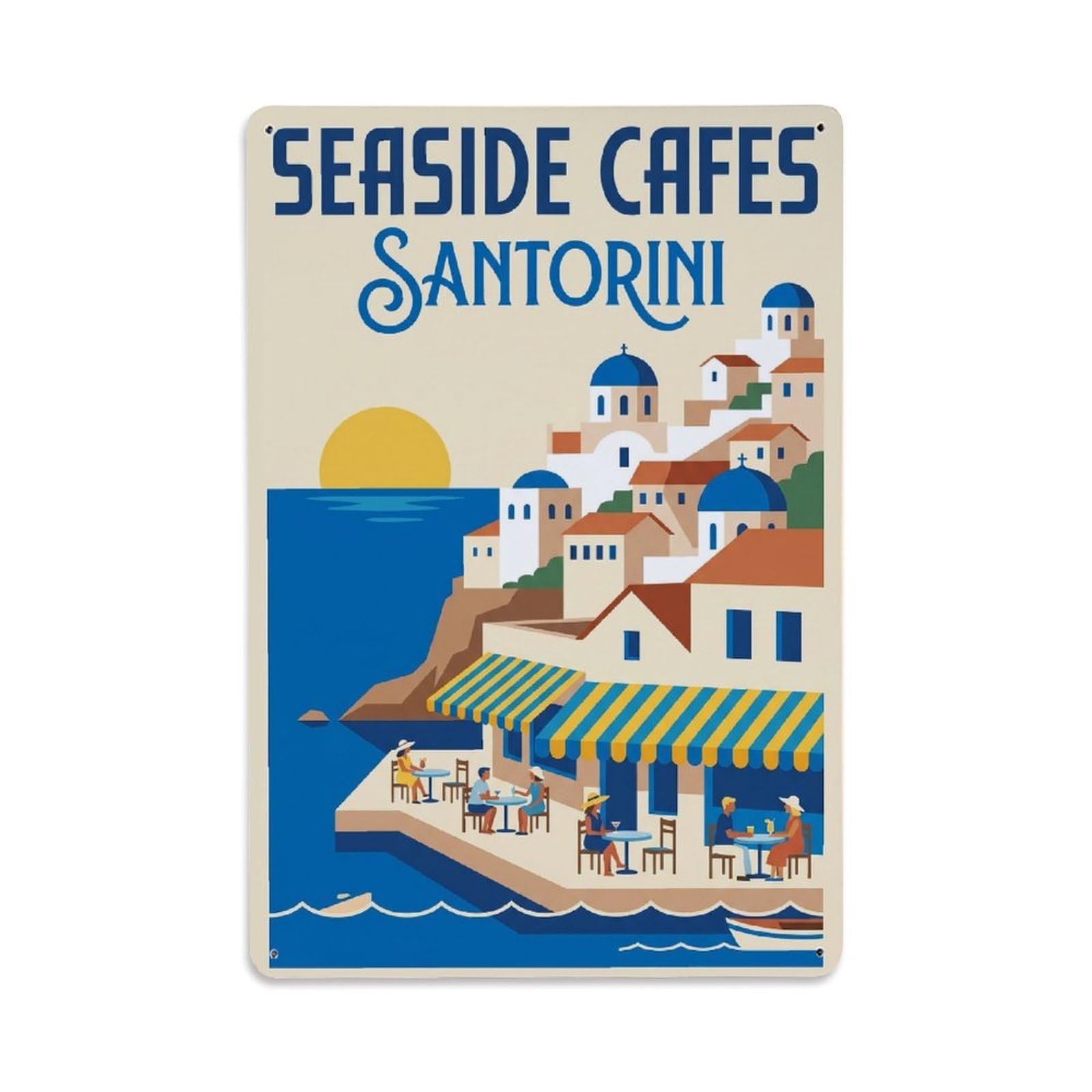 Gead 8X12inch Style Vintage Travel Santorini Seaside Cafes Metal Tin Sign