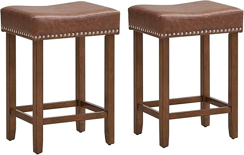 Giantex Juego de 2 taburetes de bar de 24 pulgadas en forma de silla de montar, taburetes de cuero sintético con reposapiés, taburetes de bar