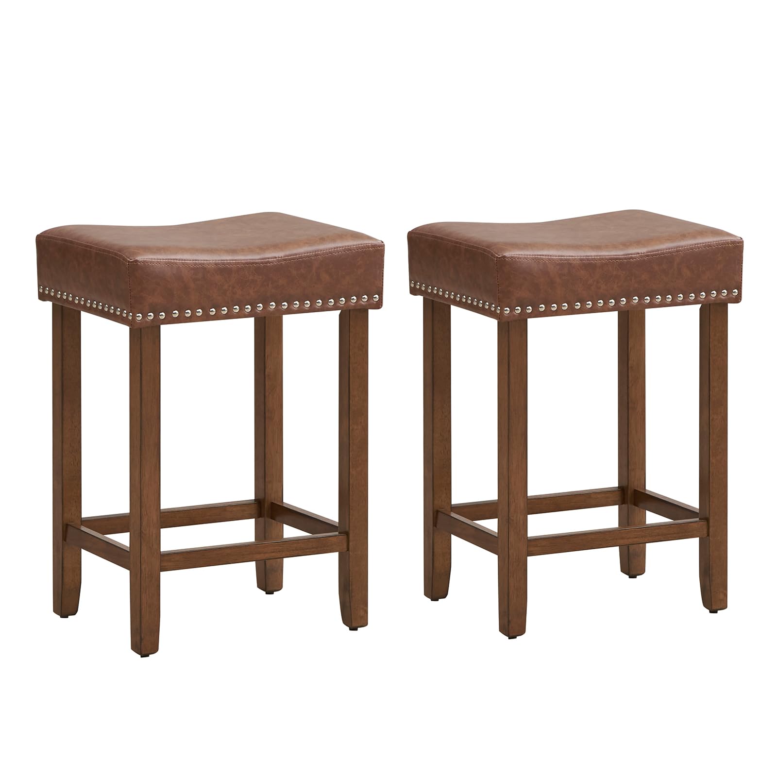 Giantex Bar Stools Set of 2, 24" Saddle-Shaped Kitchen Stools, PU Leather Counter Height Saddle Stools w/Footrests, Rubberwood Frame Upholstered