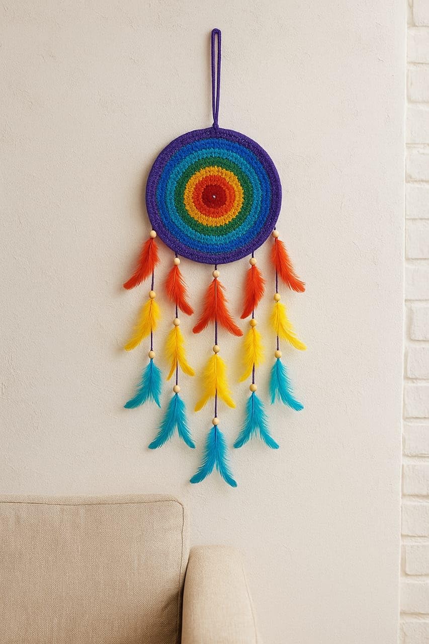 Thincamaxe 6 Inch Handmade Rainbow Dreamcatcher Wall Hanging with Colorful Feathers – Boho Home Décor, Bedroom, Living Room, Office Decoration – Positive Energy & Good Vibes-image-39