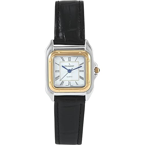 Peugeot Women Two-Tone Tank Shape Dress Watch with Designer Leather Wrist Band