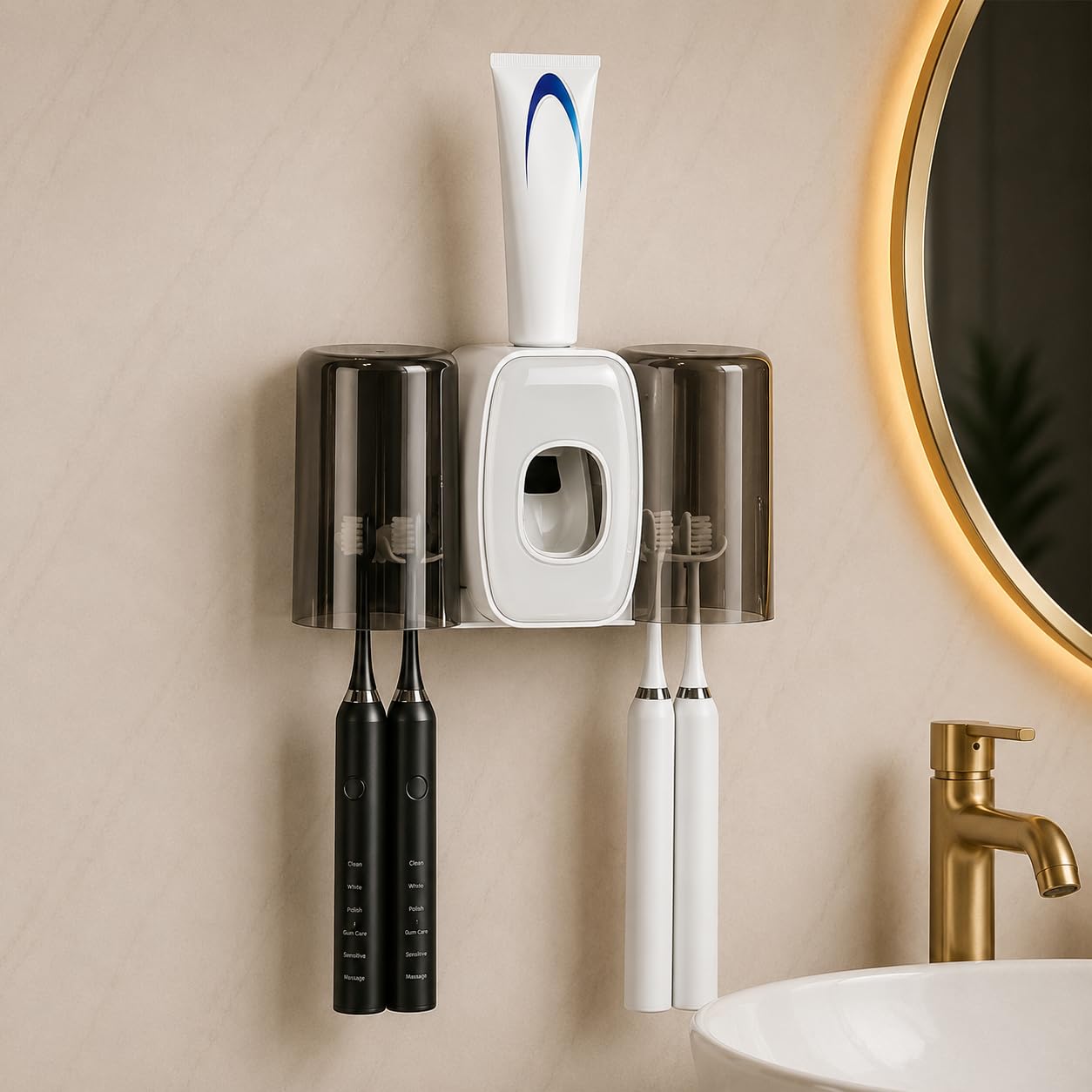 TENOM Tooth Brush Holder Bathroom with Toothpaste Dispenser, Self Adhesive Toothbrush Holders for Bathroom Wall, Dustproof, BPA Free Wall Mounted Bathroom Organizer (Grey, 2 Cup)-image-47