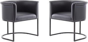 Manhattan Comfort Bali Vegan Leather Dining Chair, Modern Art Deco Design with Sculptural Silhouette, Metal Frame, Padded Cushions, Fully Assembled Accent Armchair, Set of 2, Black
