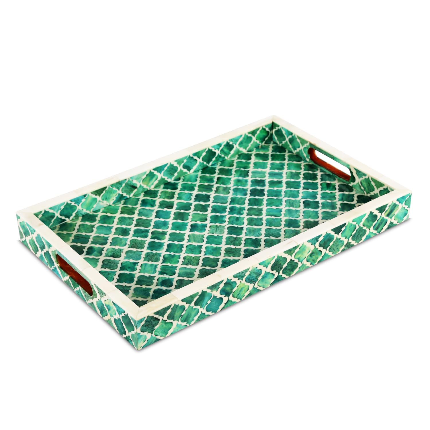 Moorish Moroccan Pattern Inspired Trays โ Ideal Ottoman Tray โ Multipurpose Bone Inlay Serving Tray or Simply Use as a Decorative Tray 11x17, Green & White โ image 1