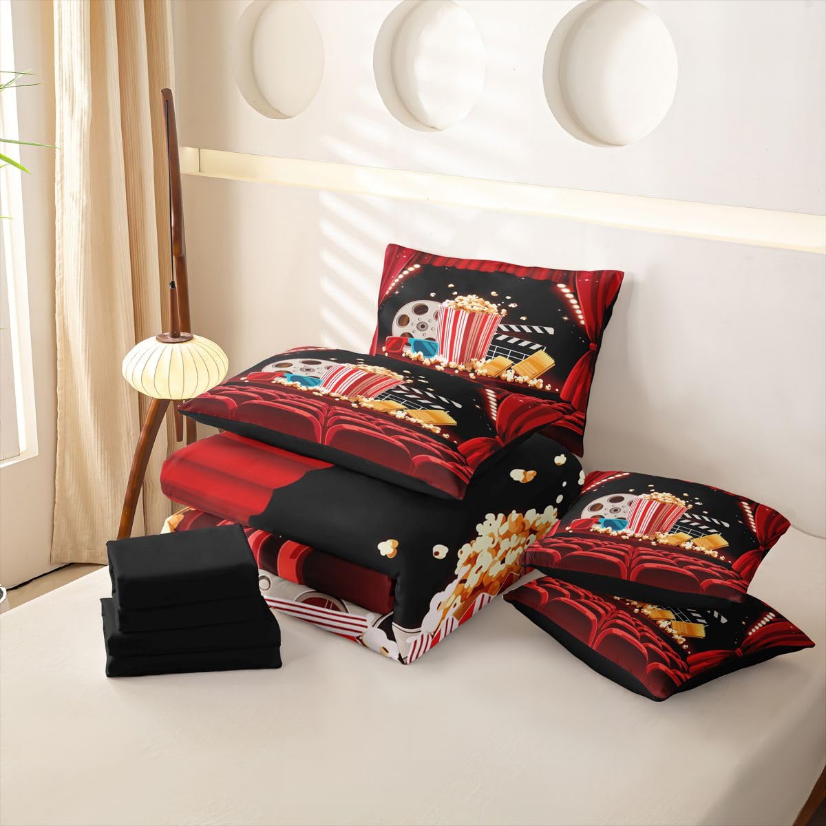 Loussiesd Set di biancheria da letto con copripiumino a tema cinema, 7 pezzi, super king size, stile cinema, per bambini, ragazzi e ragazze, stampa popcorn, decorazione per la stanza, morbida e