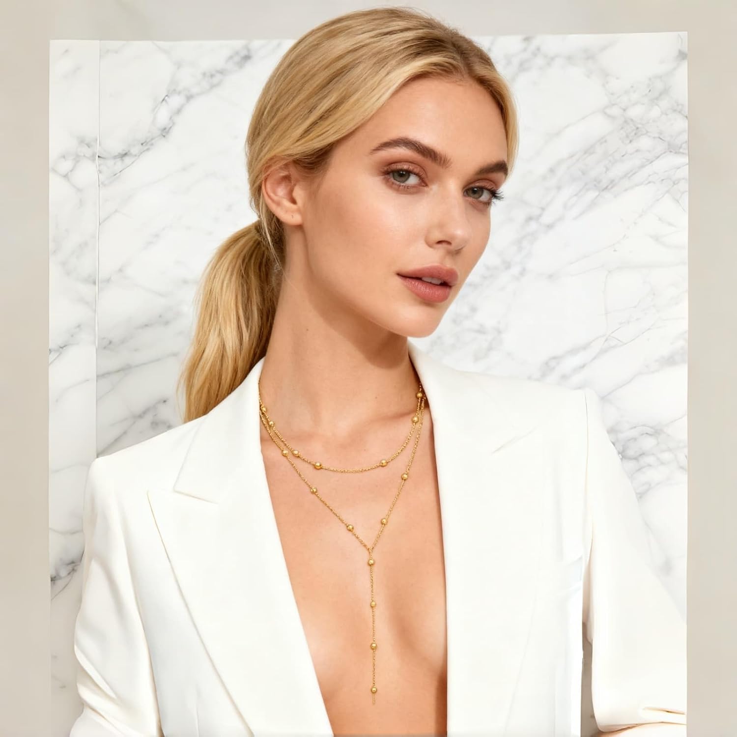 Gold Plated Long Necklace for Women, Layered Y-Shape Lariat Drop Pendant Chain with Beaded Accents, Adjustable Dainty Simple Trendy Jewelry Gift - Image 5