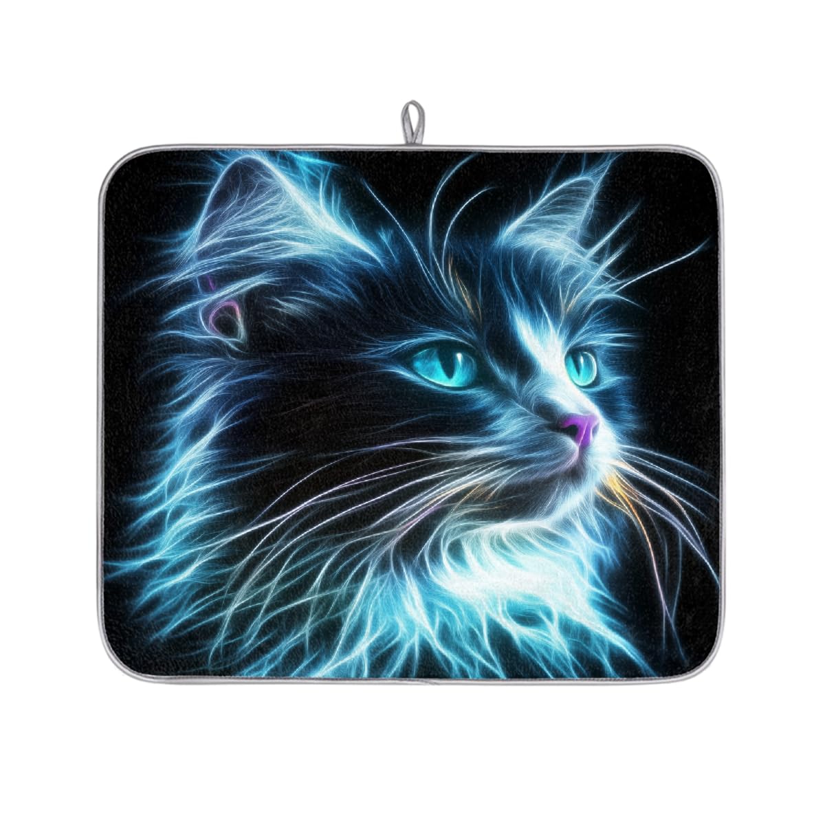 Mexpekil Drying Mat for Kitchen Counter, 16"x18" Absorbent Draining Mat with Non-Slip Backing, Quick-Dry Dish Mats Drying Pad for Sink, Coffee Bar, Beautiful Neon Cat