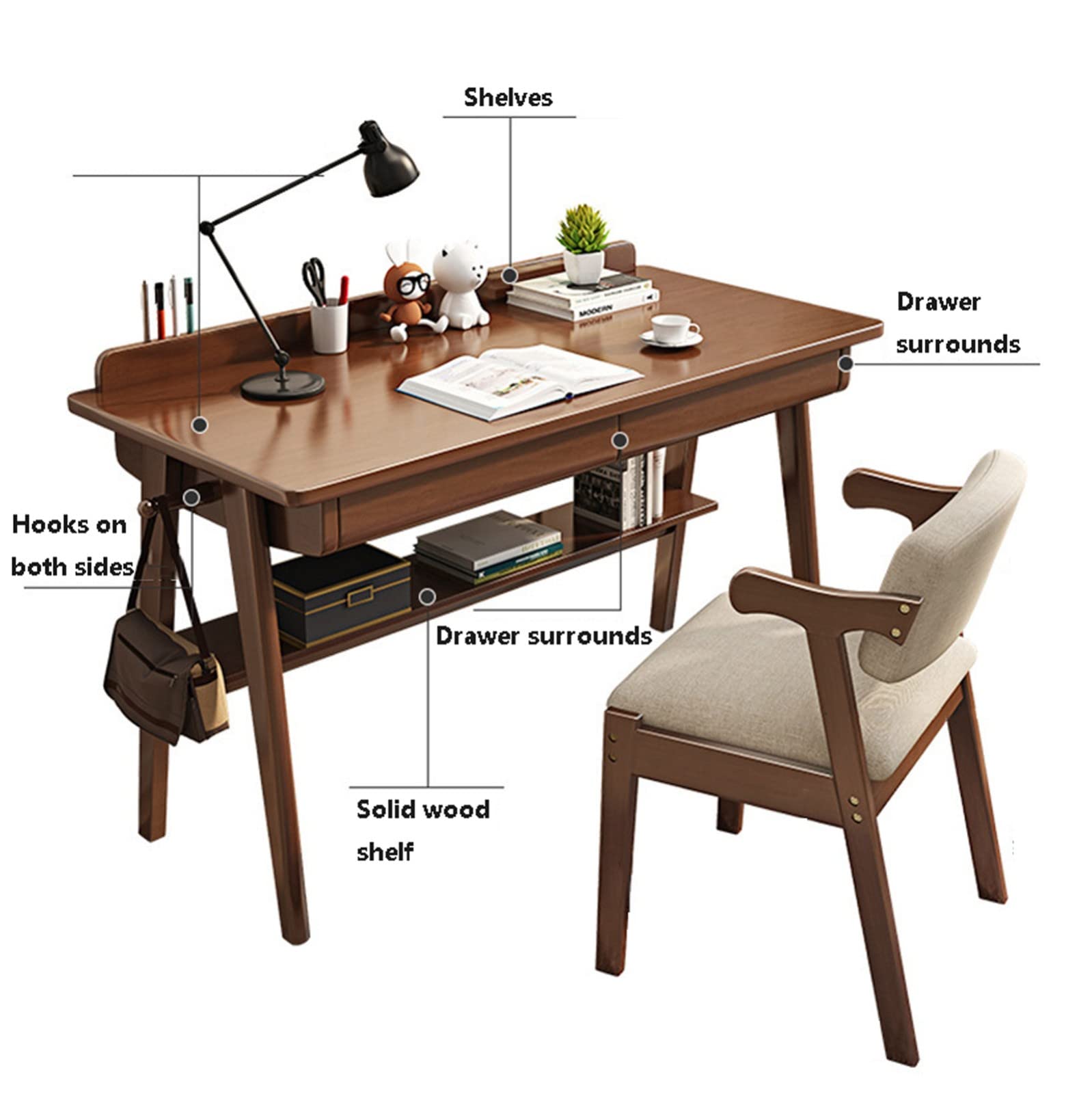 SDdPulse Escritorio de madera maciza, escritorio simple de madera para computadora con cajón, escritorio moderno y duradero para escuela, familia o sala de estudio. Una silla, 140 cm, A-120 cm