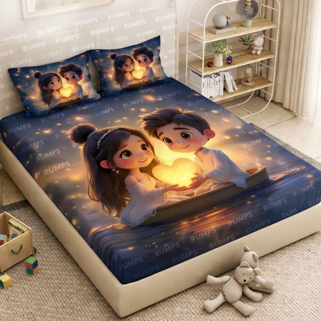 RUMPS 3D Digital Printed Double Bedsheet Flat | Premium Knitted Cotton MicroFabric 90x100 Inch Bed Sheet with 2 Pillow Covers, Cute Cartoon Blue Bird (7D Digital bedheet 04)