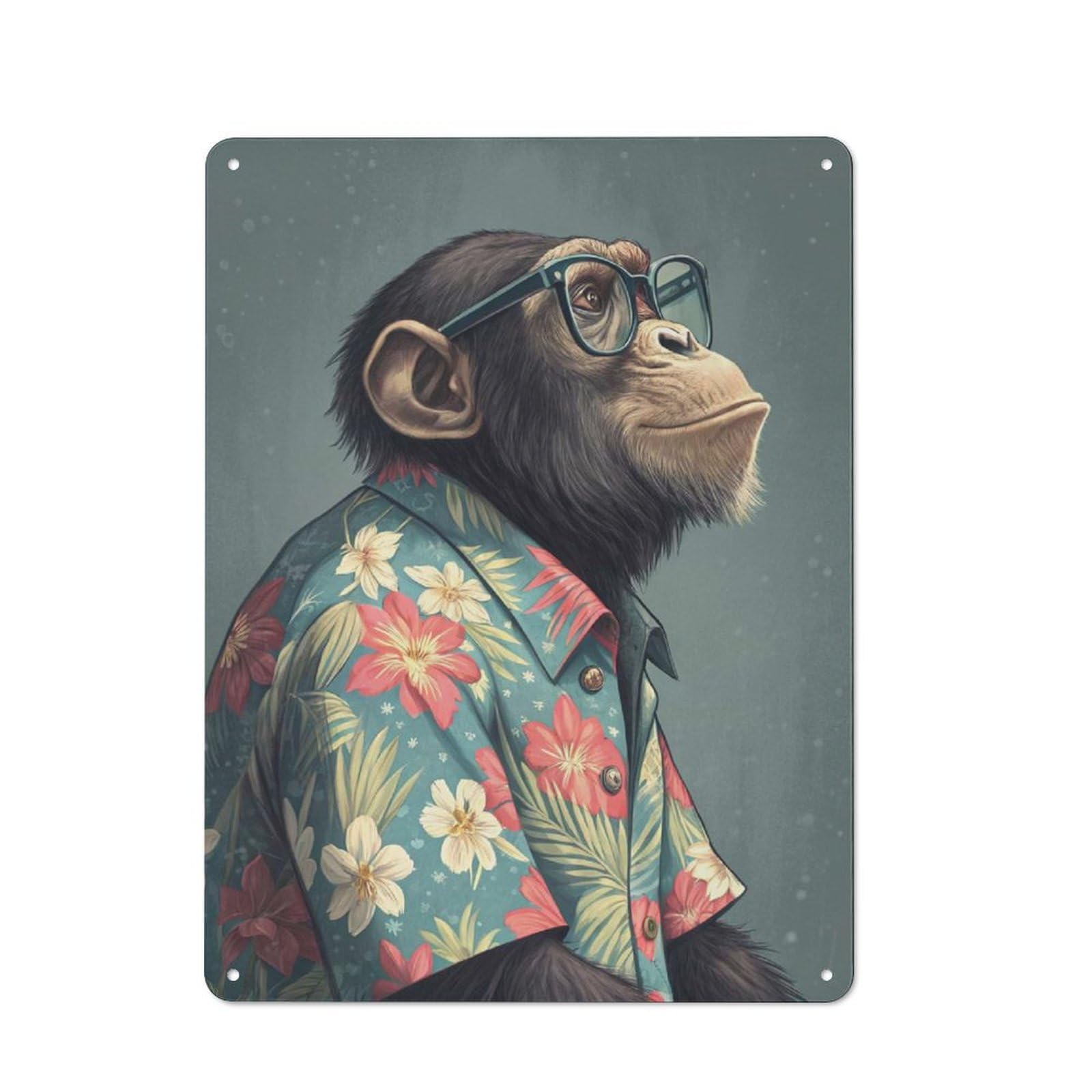 Junmoney Style Chimpanzee In Hawaiian Shirt And Glasses Decorative Tin Sign 40X30cm, Distressed Look Vintage Wall Decor For Lounge, Study, Pub Or Wall Gallery