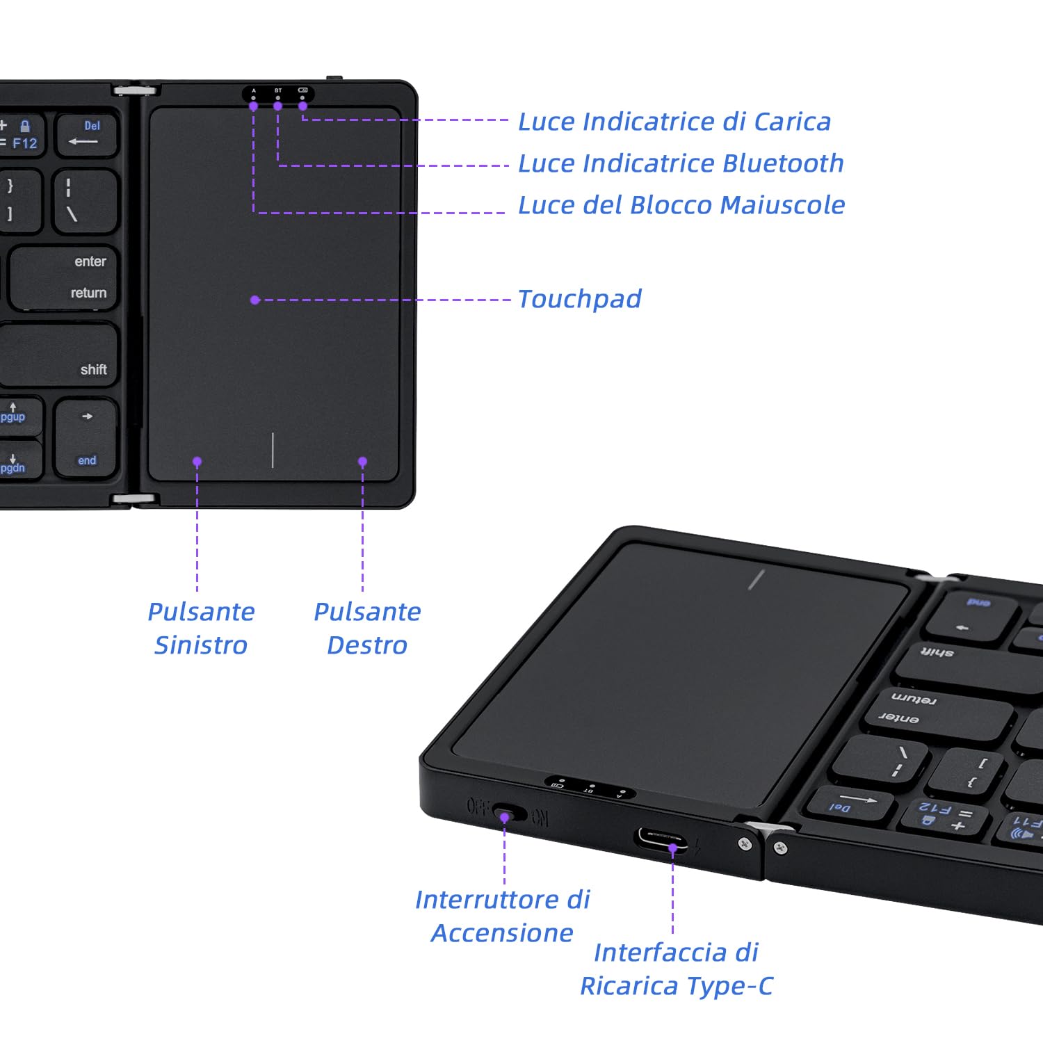 Mcbazel Tastiera senza fili pieghevole con touchpad per tablet/cellulare/PC, tastiera portatile senza fili ricaricabile supporta più dispositivi/iOS/Android/MacOS/Windows, Layout US – nero