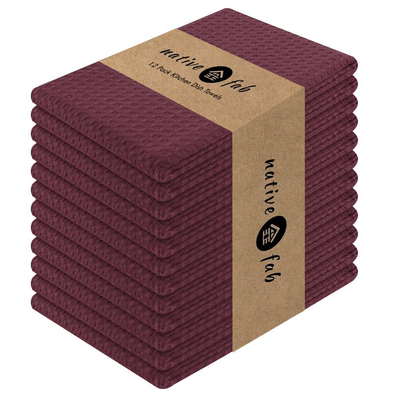 Native Fab Cotton Kitchen Towel with Hanging Loop 16x26 inches, 12-Pack, Waffle Weave Kitchen Towels for Cleaning Drying, Washcloths Soft & Absorbent Cloth Rags, Bar Towel, Dish Cloth, Burgundy Wine — image 1