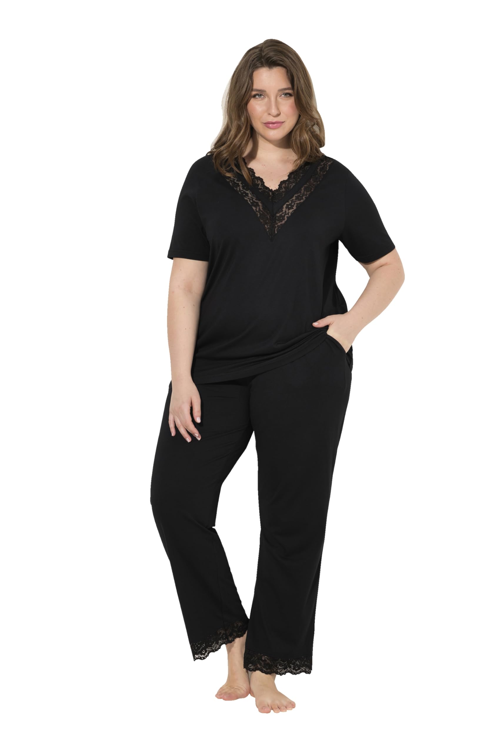Ulla Popken Women's Lace V-Neck Half Sleeve Pocket Pyjama Set
