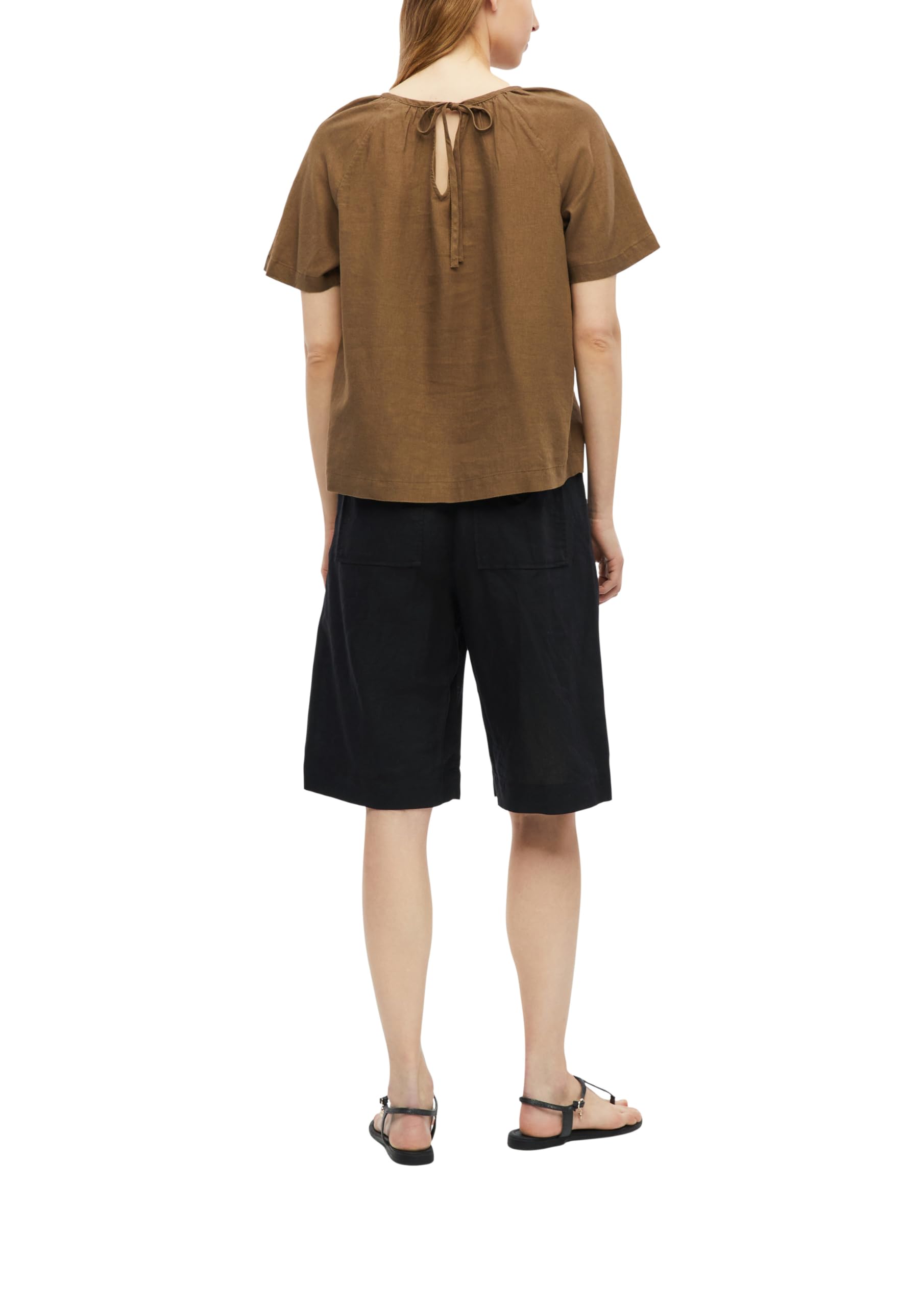 s.Oliver Damen Bluse – Relaxed Fit, Leinenmix, Kurzarm mit Raffung und Schleife