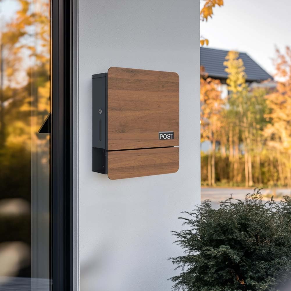 SCHARTEC Buzón SPB-5 de madera, diseño oscuro con compartimento para periódicos, moderno y grande, buzón de pared