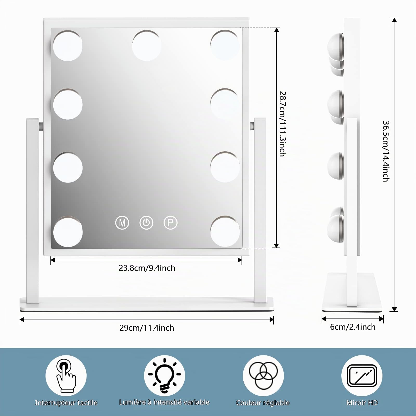 TUREWELL Miroir de Maquillage hollywoodien avec lumières, Grand Miroir de courtoisie éclairé avec 3 Couleurs de lumière et 9 Ampoules LED à intensité Variable, écran Tactile Rotation à 360 degrés