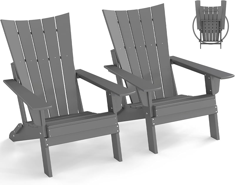 GREENVINES Arch Folding-Adirondack-Chairs Set of 2, HDPE Plastic, Grey