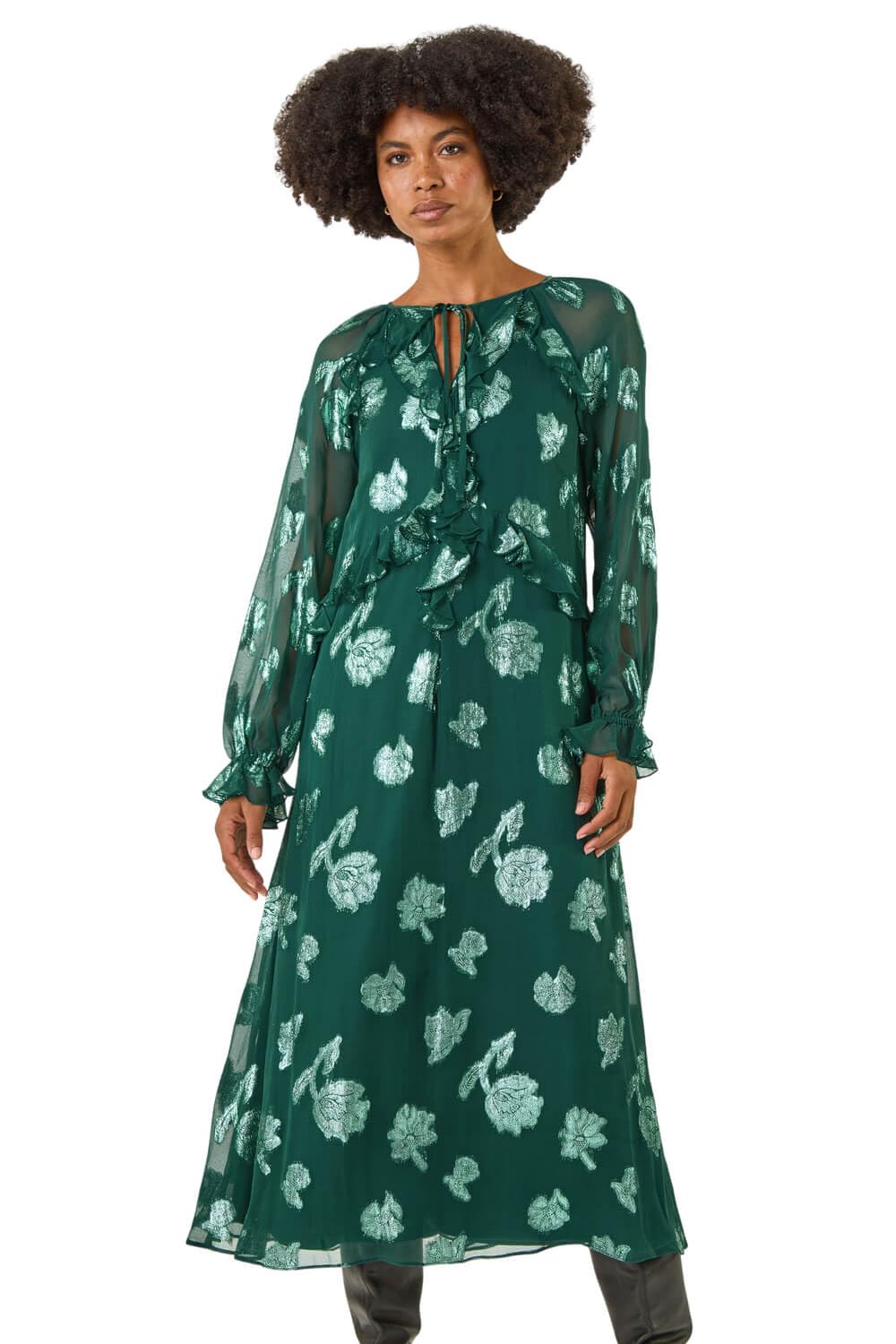 Roman Women's Green Floral Brocade Frill Midi Dress Size 12