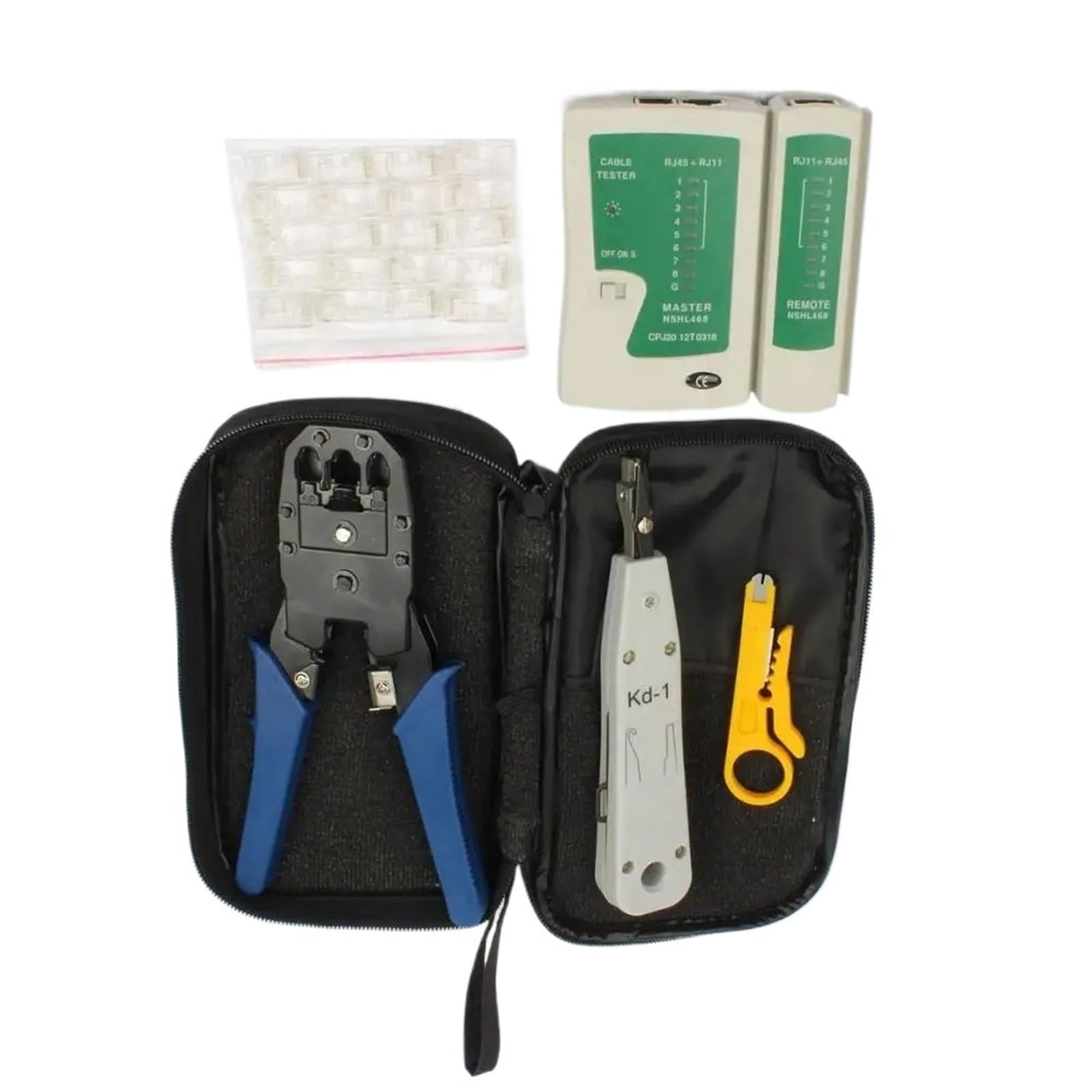 Tester for cavi di rete Ethernet Kit RJ45 Piegatore Strumento di crimpatura Punch Down RJ11 Cat5 Cat6 Rilevatore di linea metallica 8P8C | Network Ethernet Cable Tester RJ45 Kit Crimper Crimping Tool Punch Down RJ11 Cat5 Cat6 Wire Line Det(6 IN ONE)