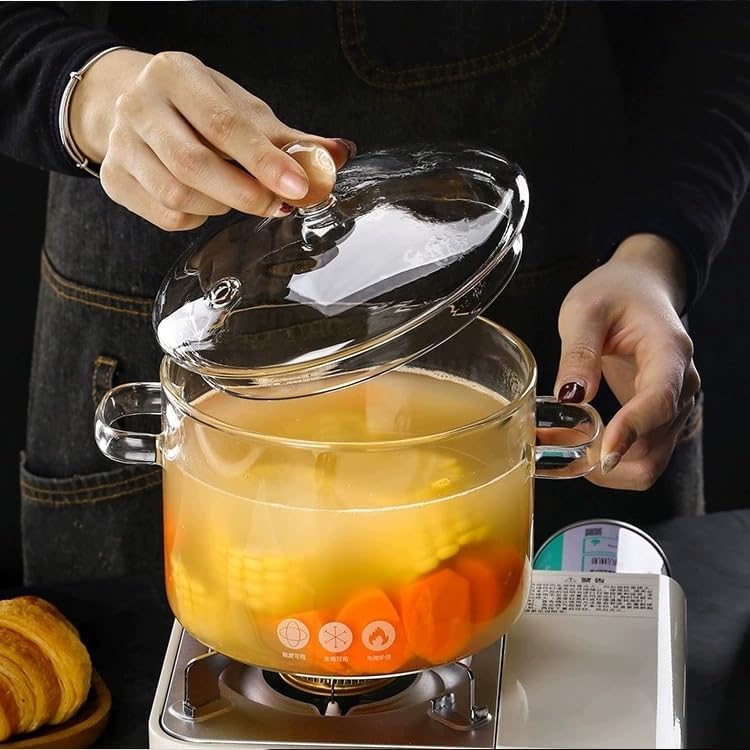 Clear Glass Pot, Cooking Pot with Lid and Handle, Clear Saucepan, Resistant Borosilicate Pot, Glass Saucepan for Cooking On Stove, Stovetop Simmer Pot (1.9L/64oz)