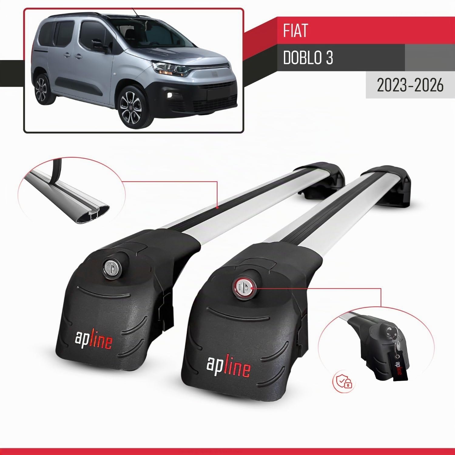 Compatibile con Fiat Doblo 3 2023-2026 Modello ACE-2 Barre Tetto Portapacchi Auto Barre Portatutto Grigio Alluminio 2 Barre