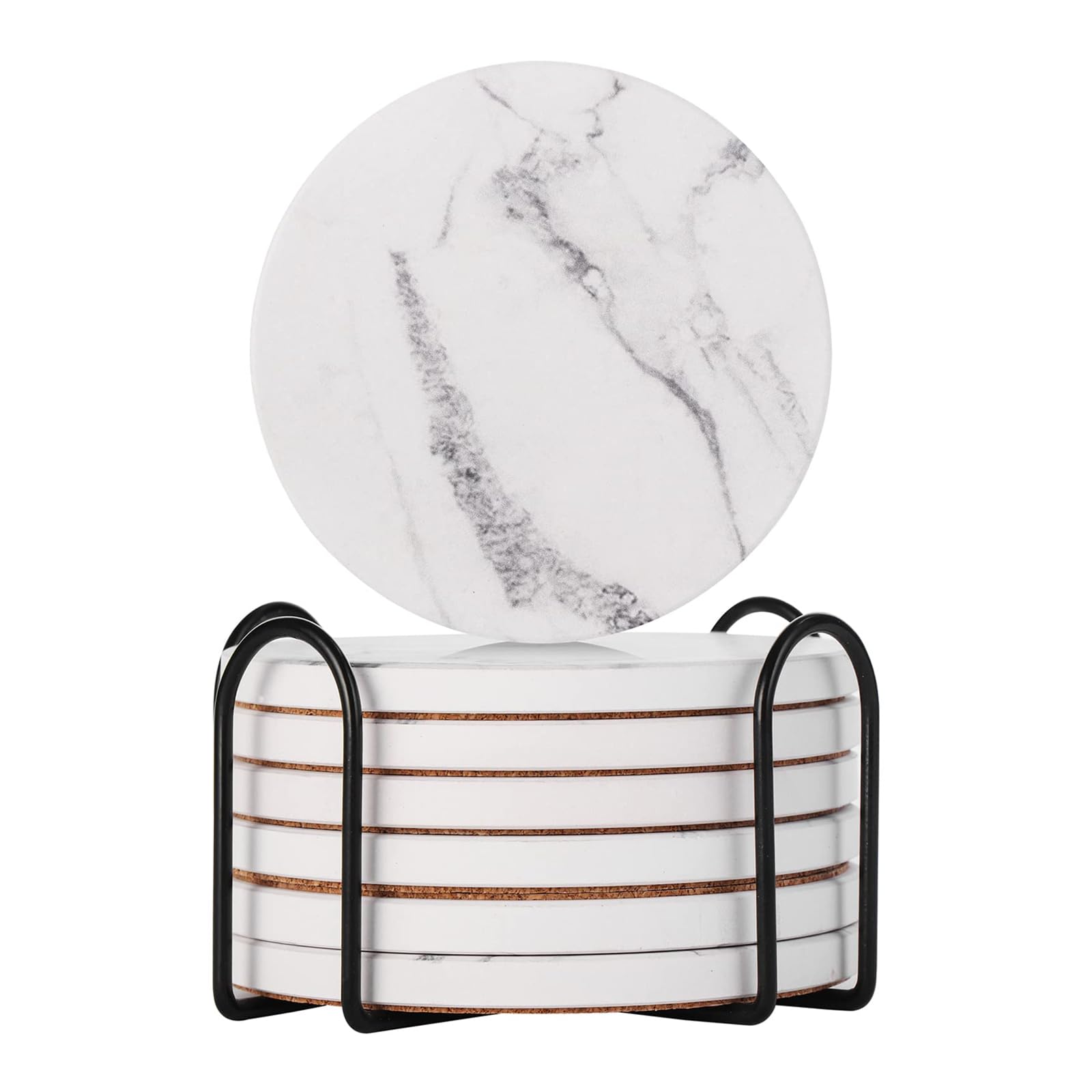 Drink Coasters Set of 6 - Marble Style Ceramic Round Coaster, Coasters with Holder and Cork Base, Ceramic coaster suitable for all kinds of cups, gift, for Women Men Home Decor, 4 ''