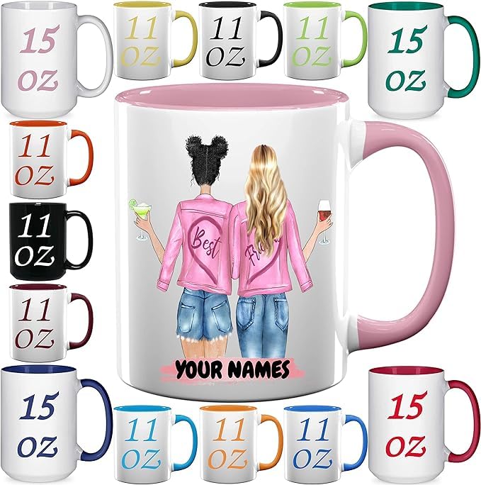 Custom Best Friends Coffee Mugs - Personalized Friendship Cups with Names for Women, Bestie, BFF, Long Distance and Birthdays - 11 & 15 oz
