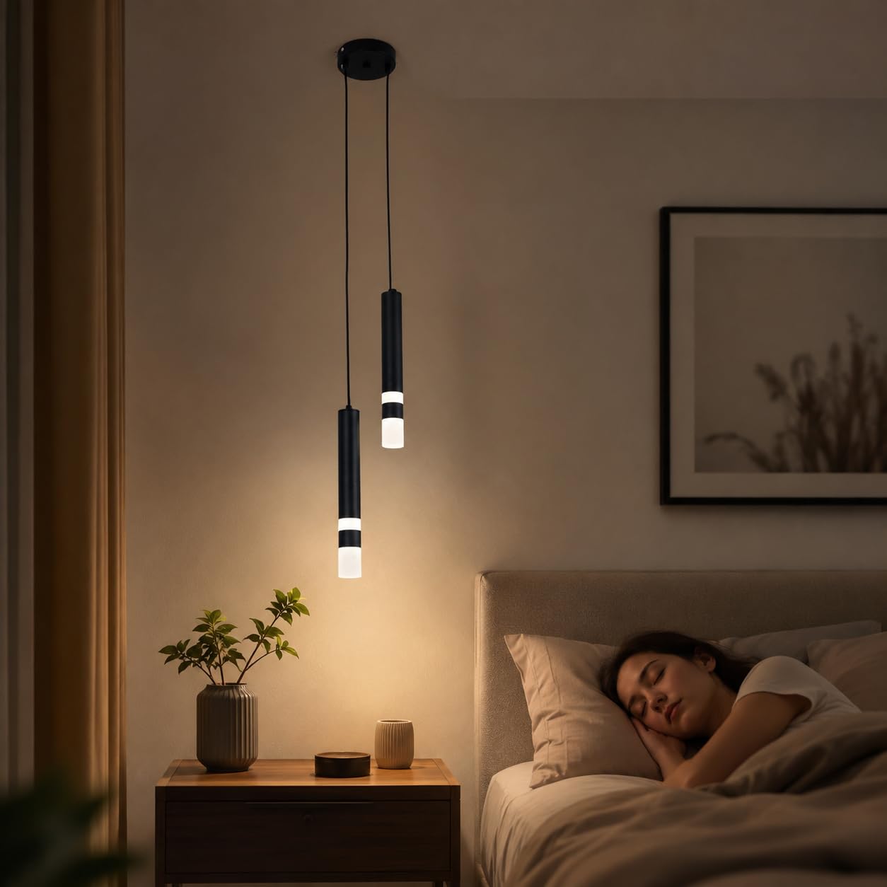 Lampada a Sospensione Minimalista Nera per Isola Cucina, 2 Luci Moderna Lampada a LED a Luce Naturale, Lampadario Adatto per Sala da Pranzo, Bar, Comodino e Vano Scale