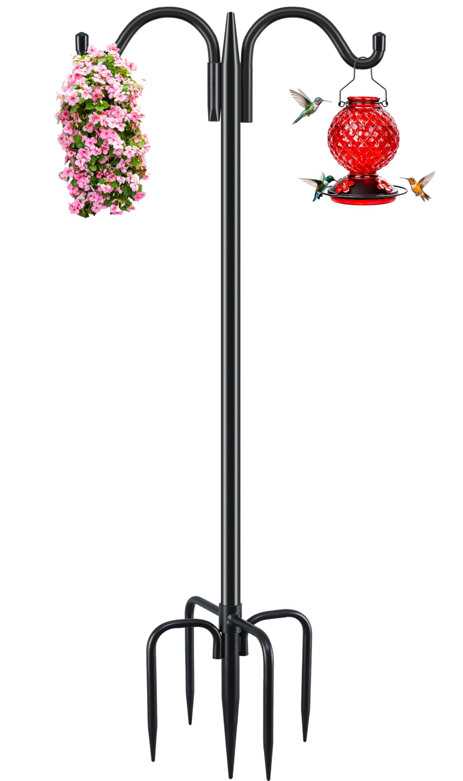 Gtongoko Bird Feeder Pole for Outdoors Heavy Duty, 63 Inch Double Shepherds Hook with 5-Prong Stable Base, 5/8 Inch Thick Hummingbird Feeder Stand for Hanging Plants, Lanterns, 1 Pack