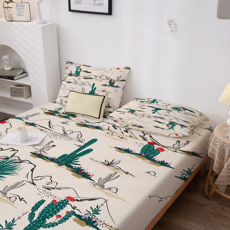Miniatura 5 de Sábanas de cactus tamaño Queen  Sábanas de paisaje de 4 piezas y bolsillo profundo de 16 pulgadas, sábanas de microfibra suave de 600 hilos sin